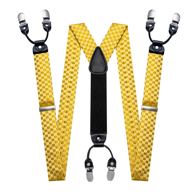 Bretele și papion din carouri aurii pentru bărbați, modă, mătase, în formă de Y, 6 agrafe pentru pantaloni, petrecere, nuntă, designer de afaceri Barry.Wang 2054