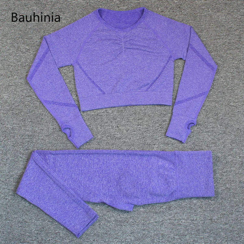 Bauhinia 2 buc. Set de yoga fără sudură pentru femei, cu talie înaltă elastică, costum sport pentru antrenament de gimnastică, jambiere cu mânecă lungă, îmbrăcăminte sport
