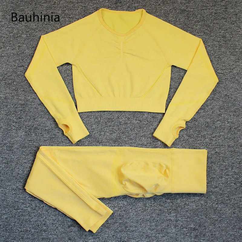 Bauhinia 2 buc. Set de yoga fără sudură pentru femei, cu talie înaltă elastică, costum sport pentru antrenament de gimnastică, jambiere cu mânecă lungă, îmbrăcăminte sport