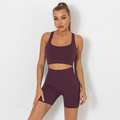 Безшевен комплект за йога Спортен костюм Комплект за фитнес Облекло за фитнес Дамски спортен сутиен Безшевни клинове Спортни шорти Дрехи за тренировки Дамски