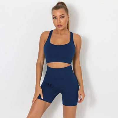 Безшевен комплект за йога Спортен костюм Комплект за фитнес Облекло за фитнес Дамски спортен сутиен Безшевни клинове Спортни шорти Дрехи за тренировки Дамски