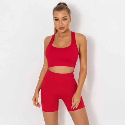 Безшевен комплект за йога Спортен костюм Комплект за фитнес Облекло за фитнес Дамски спортен сутиен Безшевни клинове Спортни шорти Дрехи за тренировки Дамски