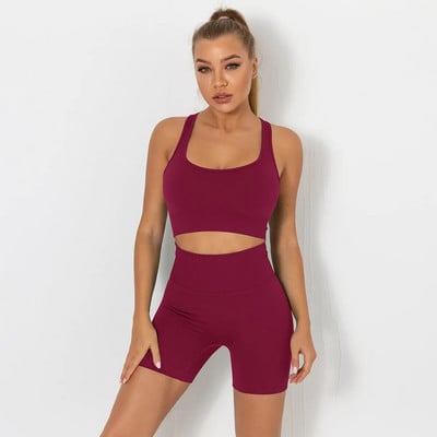 Безшевен комплект за йога Спортен костюм Комплект за фитнес Облекло за фитнес Дамски спортен сутиен Безшевни клинове Спортни шорти Дрехи за тренировки Дамски