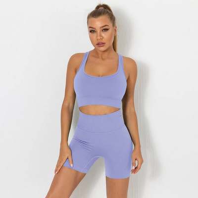 Безшевен комплект за йога Спортен костюм Комплект за фитнес Облекло за фитнес Дамски спортен сутиен Безшевни клинове Спортни шорти Дрехи за тренировки Дамски