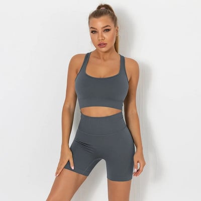 Безшевен комплект за йога Спортен костюм Комплект за фитнес Облекло за фитнес Дамски спортен сутиен Безшевни клинове Спортни шорти Дрехи за тренировки Дамски