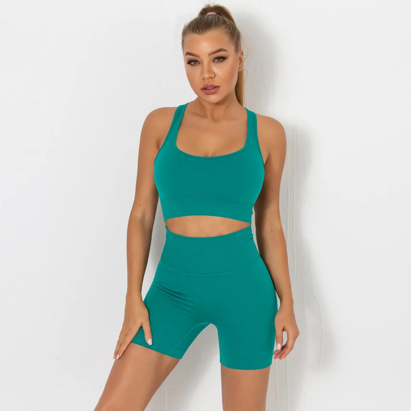 Безшевен комплект за йога Спортен костюм Комплект за фитнес Облекло за фитнес Дамски спортен сутиен Безшевни клинове Спортни шорти Дрехи за тренировки Дамски