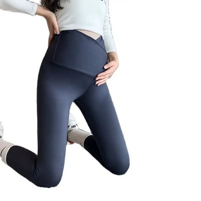 2023 г. Пролетни клинове за корем за бременни с кръстосана ниска талия Тесни панталони за бременност от кожа на акула, дълги до глезена Йога клинове за бременни жени