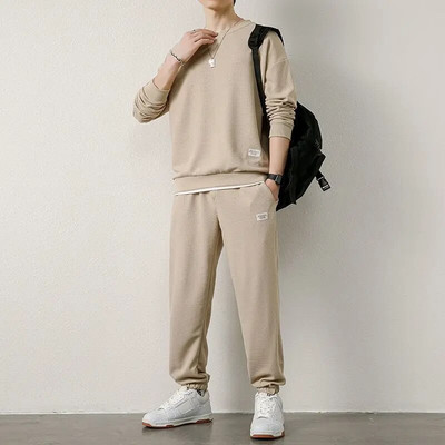 Costum Waffle Bărbați Toamnă Nou Sport Ocazional Hanorac și pantaloni subțiri cu mâneci lungi Set din două piese Trening la modă frumos Hip Hop