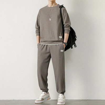 Costum Waffle Bărbați Toamnă Nou Sport Ocazional Hanorac și pantaloni subțiri cu mâneci lungi Set din două piese Trening la modă frumos Hip Hop