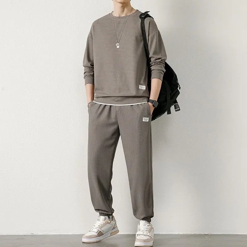 Waffle odijelo Muškarci Jesen Nova ležerna sportska tanka majica dugih rukava i hlače Dvodijelni komplet Trendy zgodne hip hop trenirke