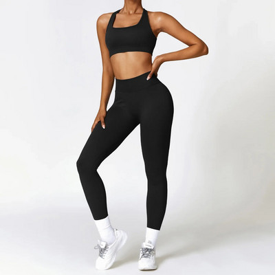 Jógakészlet 2 részes, zökkenőmentes bordás edzésruhák női sportmelltartó magas derekú rövidnadrág jóga leggings öltöny fitnesz edzőterem ruházat