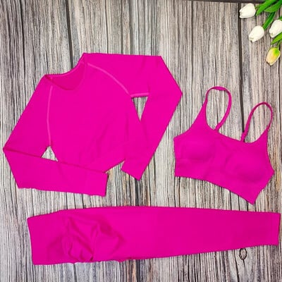 Set de yoga pentru femei, 3 piese, sutien sport, cu mâneci lungi, cu jambiere, costum pentru femei, îmbrăcăminte sport, haine de antrenament fitness