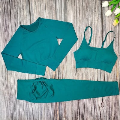 Set de yoga pentru femei, 3 piese, sutien sport, cu mâneci lungi, cu jambiere, costum pentru femei, îmbrăcăminte sport, haine de antrenament fitness