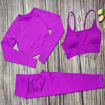Set de yoga pentru femei, 3 piese, sutien sport, cu mâneci lungi, cu jambiere, costum pentru femei, îmbrăcăminte sport, haine de antrenament fitness