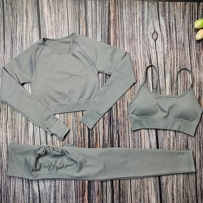Set de yoga pentru femei, 3 piese, sutien sport, cu mâneci lungi, cu jambiere, costum pentru femei, îmbrăcăminte sport, haine de antrenament fitness