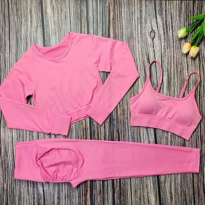 Set de yoga pentru femei, 3 piese, sutien sport, cu mâneci lungi, cu jambiere, costum pentru femei, îmbrăcăminte sport, haine de antrenament fitness