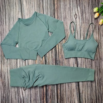Set de yoga pentru femei, 3 piese, sutien sport, cu mâneci lungi, cu jambiere, costum pentru femei, îmbrăcăminte sport, haine de antrenament fitness