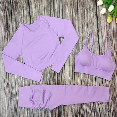 Set de yoga pentru femei, 3 piese, sutien sport, cu mâneci lungi, cu jambiere, costum pentru femei, îmbrăcăminte sport, haine de antrenament fitness