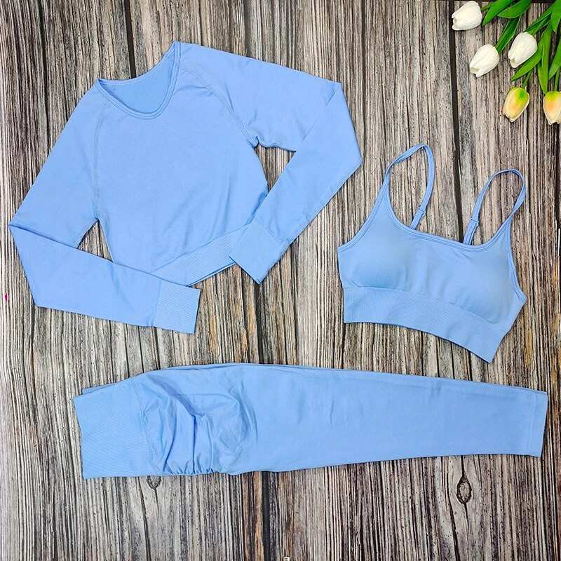 Set de yoga pentru femei, 3 piese, sutien sport, cu mâneci lungi, cu jambiere, costum pentru femei, îmbrăcăminte sport, haine de antrenament fitness