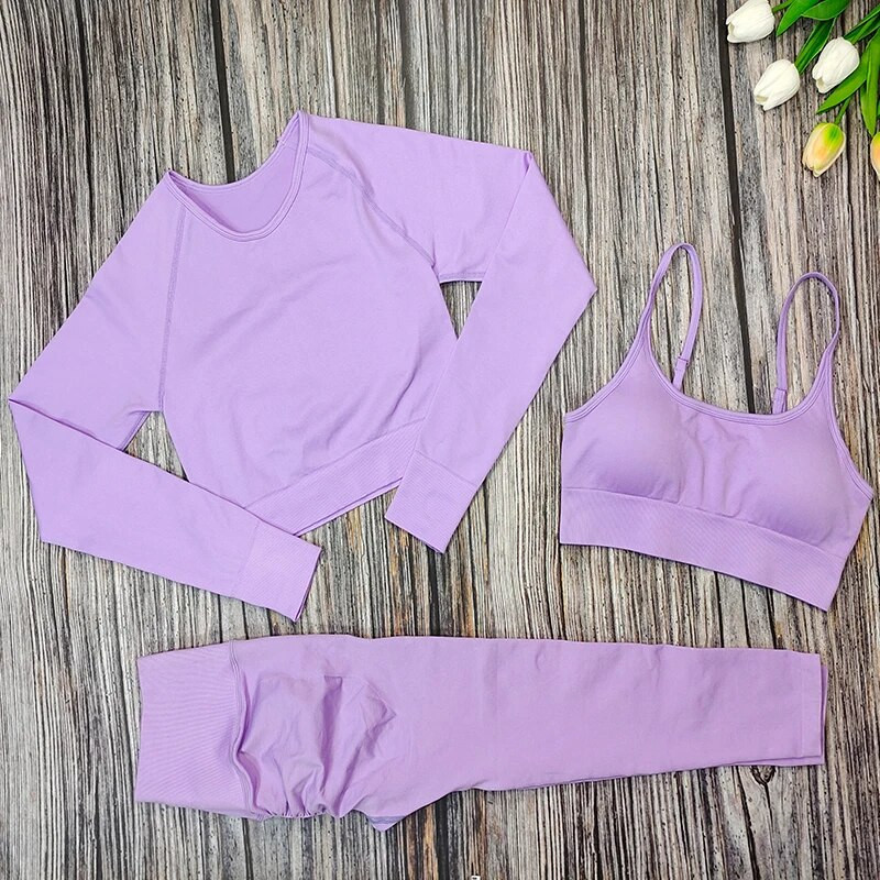 Set de yoga pentru femei, 3 piese, sutien sport, cu mâneci lungi, cu jambiere, costum pentru femei, îmbrăcăminte sport, haine de antrenament fitness