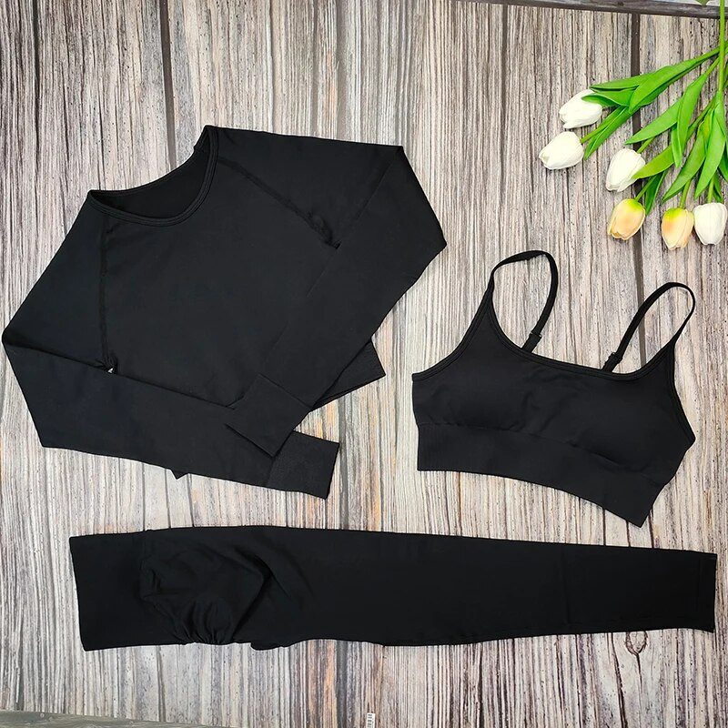 Set de yoga pentru femei, 3 piese, sutien sport, cu mâneci lungi, cu jambiere, costum pentru femei, îmbrăcăminte sport, haine de antrenament fitness