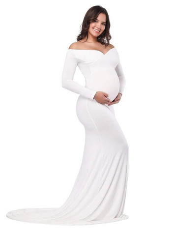 Есенна елегантна вталена рокля за бременни, облекло за фотосесия на бременни, с дълги ръкави, V-образно деколте и рюшове, тънка дълга рокля за бременни