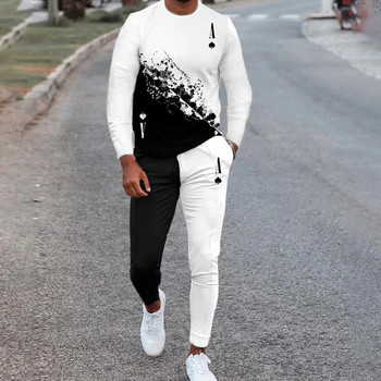 Мъжки комплект анцузи Черно бял лъв 3D принт тениска с дълъг ръкав + панталон Ежедневен мъжки спортен костюм от две части за джогинг