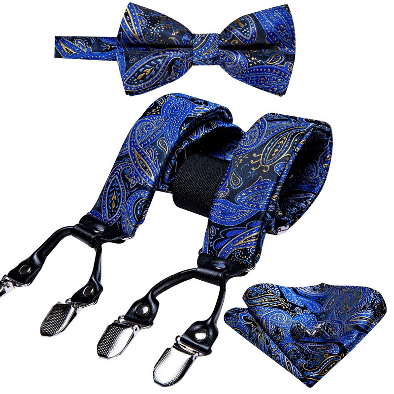 Πράσινο Μπλε Αντρικό Σετ Ζαρτιέρες Μεταξωτό Παπιγιόν 6 Κλιπ Ζώνη Μέσης Βραχίονες Vintage Ανδρικές Ελαστικές Γαμήλια Πάρτι Barry.Wang