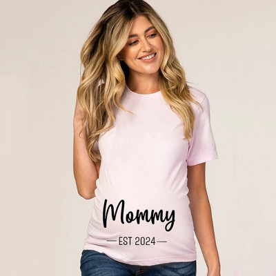 2024 m. Nauji mielas tėtis + mama + kūdikis marginti poros marškinėliai nėščiosioms, pranešimo apie nėštumą marškinėliai, pora nėščių marškinėlių drabužiai