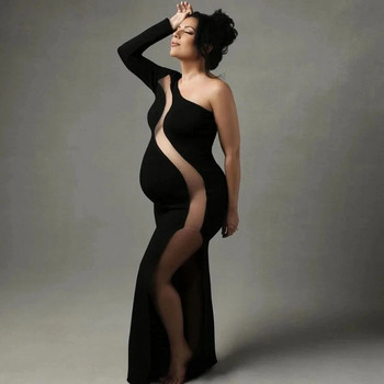 Разтегливи рокли за фотосесия за бременни Секси черни вечерни рокли с едно рамо Елегантно облекло за фотография с дълъг ръкав за бременни жени