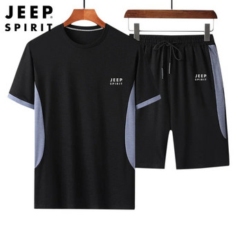 JEEP SPIRIT Ανδρικό καλοκαιρινό λεπτό κοντομάνικο παντελόνι casual κοστούμι απλό χαλαρό αθλητικό μπλουζάκι σορτς δύο τεμαχίων