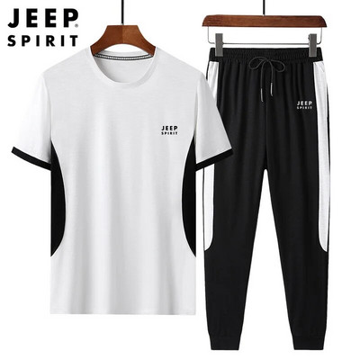 JEEP SPIRIT Ανδρικό καλοκαιρινό λεπτό κοντομάνικο παντελόνι casual κοστούμι απλό χαλαρό αθλητικό μπλουζάκι σορτς δύο τεμαχίων