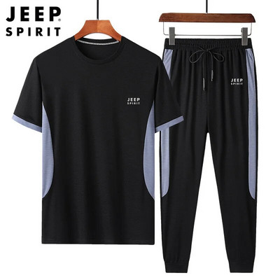 JEEP SPIRIT Pantaloni subțiri cu mânecă scurtă de vară pentru bărbați, costum casual, simplu, largi, respirabili, tricou sport, set din două piese