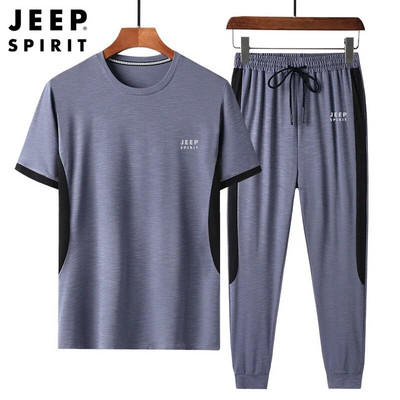 JEEP SPIRIT Pantaloni subțiri cu mânecă scurtă de vară pentru bărbați, costum casual, simplu, largi, respirabili, tricou sport, set din două piese