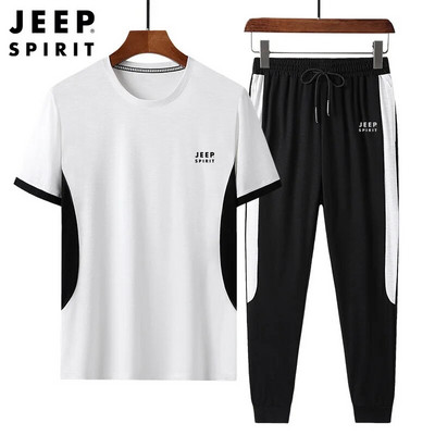JEEP SPIRIT Pantaloni subțiri cu mânecă scurtă de vară pentru bărbați, costum casual, simplu, largi, respirabili, tricou sport, set din două piese