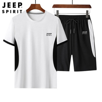 JEEP SPIRIT Pantaloni subțiri cu mânecă scurtă de vară pentru bărbați, costum casual, simplu, largi, respirabili, tricou sport, set din două piese