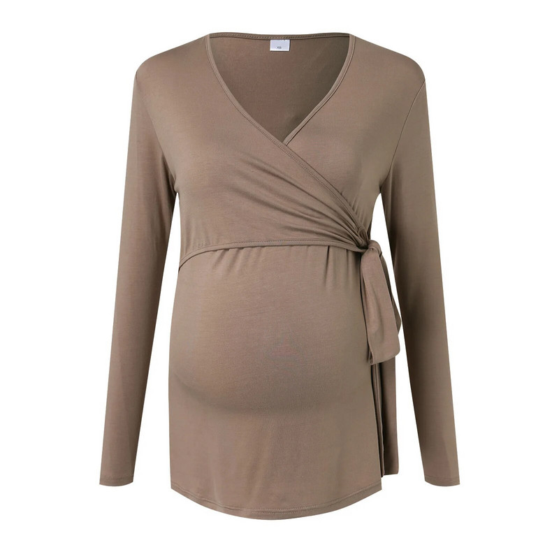 Moteriški marškiniai nėščiosioms ilgomis rankovėmis V formos iškirpte Nėštumo žindymo viršutiniai drabužiai Reguliuojamu juosmeniu kaklaraištis priekyje Nėščiosios žindymo drabužiai