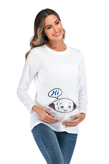 Горнища за бременни за бременни Дамска туника с кръгло деколте отстрани, тениска със забавен принт Риза за бременни с дълъг ръкав Горнище за бременни дрехи