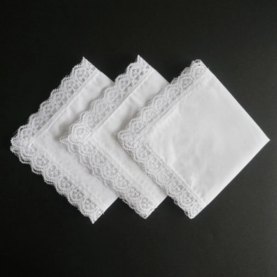 Преносима памучна носна кърпа с дантелена тапицерия за жена, мъж, джентълмен Бяла памучна кърпичка, дантелена кърпичка