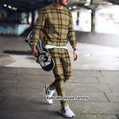 Jogger de toamnă Seturi pentru bărbați Costum sport cu imprimeu în carouri 3D Trening de marcă Bărbați Tricouri cu mâneci lungi + Pantaloni Ținute două piese Îmbrăcăminte