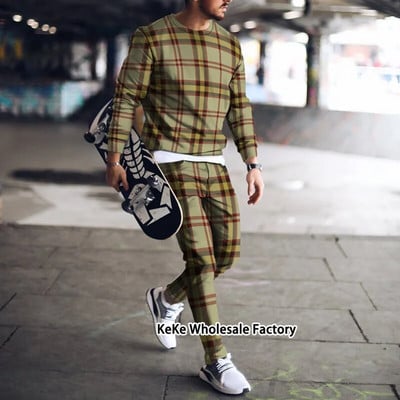 Fall Jogger Men`s Sets 3D Plaid Print Sport Suit Brand Tracksuit Men Long-Sleeves T-shirts+Trousers Two Pieces Outfits Clothing