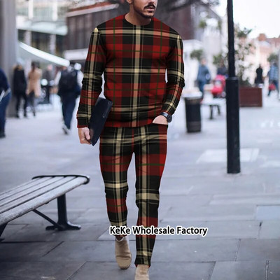 Jogger de toamnă Seturi pentru bărbați Costum sport cu imprimeu în carouri 3D Trening de marcă Bărbați Tricouri cu mâneci lungi + Pantaloni Ținute două piese Îmbrăcăminte