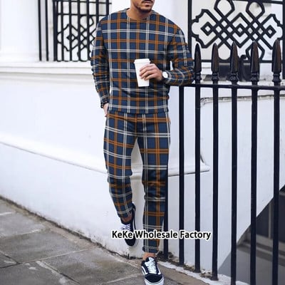 Jogger de toamnă Seturi pentru bărbați Costum sport cu imprimeu în carouri 3D Trening de marcă Bărbați Tricouri cu mâneci lungi + Pantaloni Ținute două piese Îmbrăcăminte