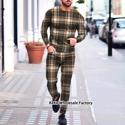 Jogger de toamnă Seturi pentru bărbați Costum sport cu imprimeu în carouri 3D Trening de marcă Bărbați Tricouri cu mâneci lungi + Pantaloni Ținute două piese Îmbrăcăminte
