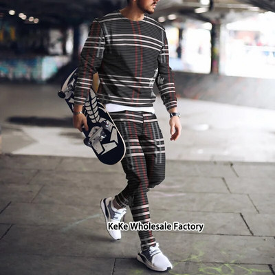Jogger de toamnă Seturi pentru bărbați Costum sport cu imprimeu în carouri 3D Trening de marcă Bărbați Tricouri cu mâneci lungi + Pantaloni Ținute două piese Îmbrăcăminte