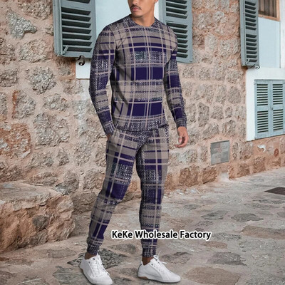 Jogger de toamnă Seturi pentru bărbați Costum sport cu imprimeu în carouri 3D Trening de marcă Bărbați Tricouri cu mâneci lungi + Pantaloni Ținute două piese Îmbrăcăminte