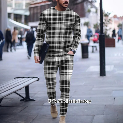 Jogger de toamnă Seturi pentru bărbați Costum sport cu imprimeu în carouri 3D Trening de marcă Bărbați Tricouri cu mâneci lungi + Pantaloni Ținute două piese Îmbrăcăminte