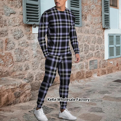 Jogger de toamnă Seturi pentru bărbați Costum sport cu imprimeu în carouri 3D Trening de marcă Bărbați Tricouri cu mâneci lungi + Pantaloni Ținute două piese Îmbrăcăminte