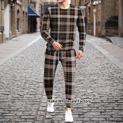 Jogger de toamnă Seturi pentru bărbați Costum sport cu imprimeu în carouri 3D Trening de marcă Bărbați Tricouri cu mâneci lungi + Pantaloni Ținute două piese Îmbrăcăminte