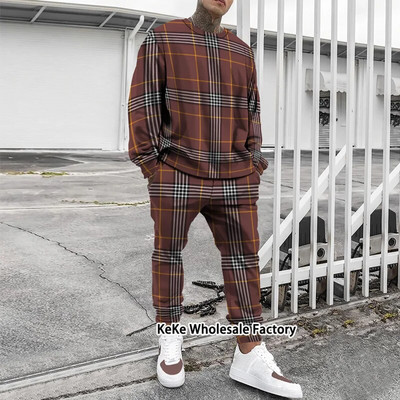 Jogger de toamnă Seturi pentru bărbați Costum sport cu imprimeu în carouri 3D Trening de marcă Bărbați Tricouri cu mâneci lungi + Pantaloni Ținute două piese Îmbrăcăminte